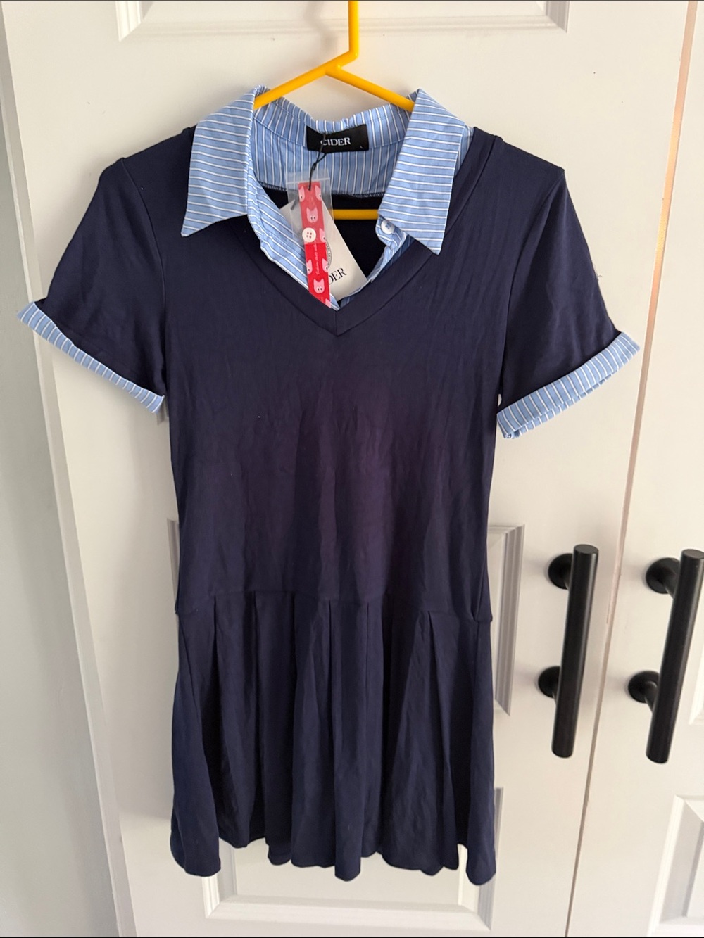 Cider Navy Dress with Light Blue Striped Collar